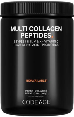 Codeage Multi Collagen Peptides Powder Probiotics Black Edition, Vitamin C, Hyaluronic Acid Powder Supplement, Grass-Fed, Hydrolyzed, Zero Carbs, Type I, II, III, V X, Unflavored, 10.58oz