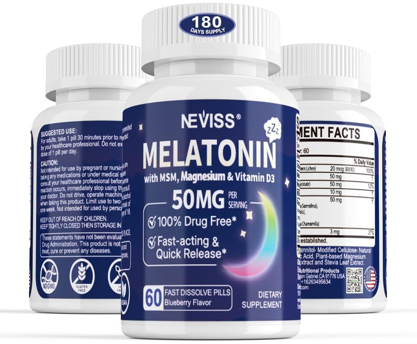 Melatonin 50 mg for Adults - Extra Strength 9-IN-1 Fast Dissolve Sublingual - w Vitamin D3 MSM, Relaxing Herbal Blend-Ashwagandha, Lemon Balm, Passionflower,Chamomile,Sugar Free, Vegan 180 Servings