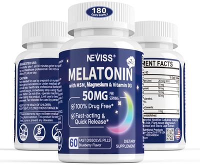 Melatonin 50 mg for Adults - Extra Strength 9-IN-1 Fast Dissolve Sublingual - w Vitamin D3 MSM, Relaxing Herbal Blend-Ashwagandha, Lemon Balm, Passionflower,Chamomile,Sugar Free, Vegan 180 Servings