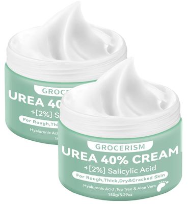 Grocerism 2 Packs Urea Cream 40 Plus 2 Salicylic Acid 5.30 oz Foot Cream Maximum Strength with Hyaluronic Acid, Tea Tree, and Aloe Vera for Deep Moisturizes, Callus Remover and Soften