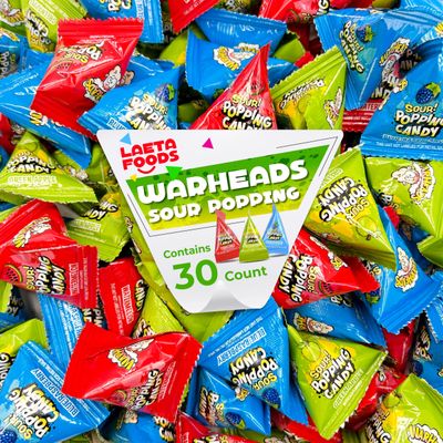 Warheads Sour Popping Rock Candy 30 Count Green Apple, Blue Raspberry, Watermelon