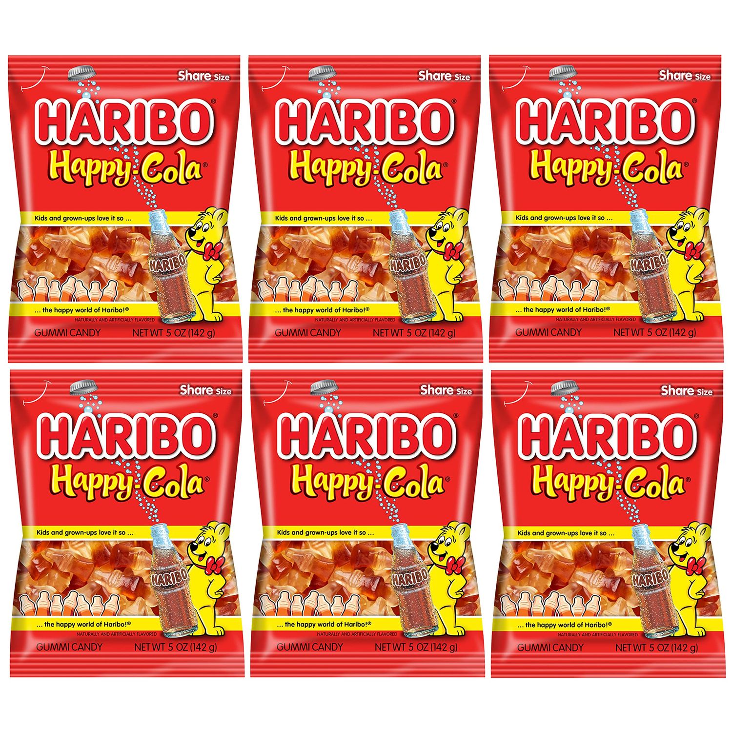Haribo Happy Cola Gummy Candy Pack of 6 (5oz Bags) American Dulces Candy Pack for Halloween, Easter More in a King of Sweets Bulk Bag