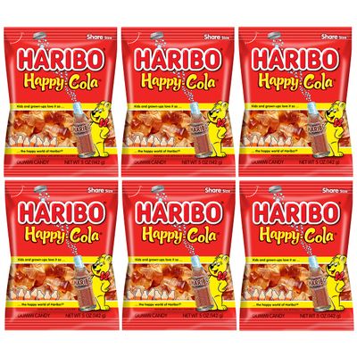 Haribo Happy Cola Gummy Candy Pack of 6 (5oz Bags) American Dulces Candy Pack for Halloween, Easter More in a King of Sweets Bulk Bag