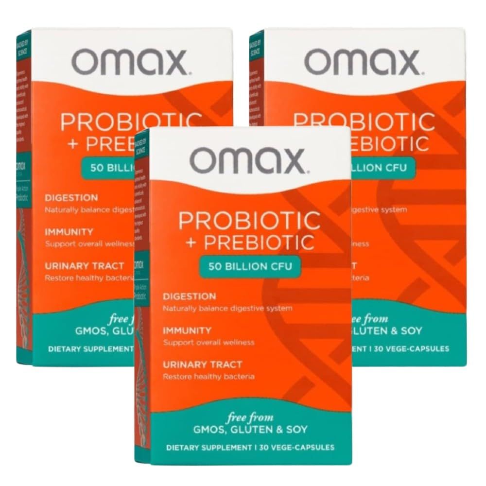 Omax3 Boxes Vegan Probiotic Prebiotic Supplement Pills, 50 Billion CFU, 10 Clinically Studied Strains, Dairy-Free, Non-GMO, Blister Packed (90 Vege-Capsules)