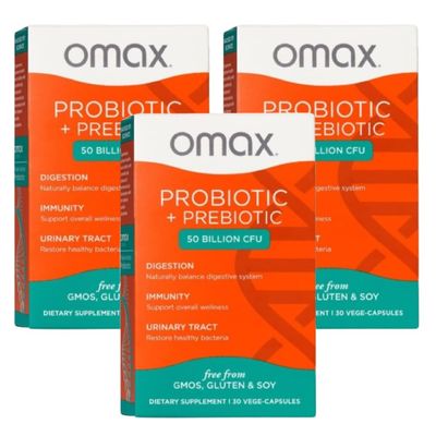 Omax3 Boxes Vegan Probiotic Prebiotic Supplement Pills, 50 Billion CFU, 10 Clinically Studied Strains, Dairy-Free, Non-GMO, Blister Packed (90 Vege-Capsules)