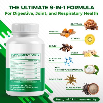 Boswellia with Cloves, Ginger, Turmeric, Vitamin C, Hyaluronic Acid, MSM, Devil's Claw - Supports Joint Health, Digestive Wellness Nutrient Absorption - Made in The USA