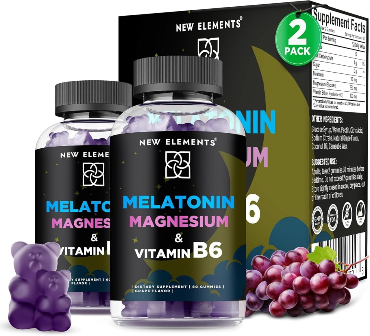 Melatonin Gummies 10mg with Magnesium Glycinate Vitamin B6 Sleep Support, Relaxation Stress Relief Non-GMO, Gluten-Free Great-Tasting Natural Grape Flavor