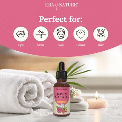 era of nature Rose and Jojoba Oil - 100 Cold-Pressed Pure Rose and Jojoba Oil for Hair, Skin, Lips, Acne, and Beard Care - 1oz