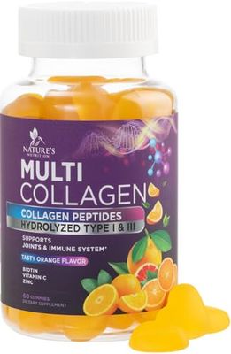 Collagen Gummies for Women with Vitamin C, Zinc Biotin - Hydrolyzed Protein Type 1 3 Multi Collagen Peptides Supplement - Support for Hair, Skin, Nails Joints, Gluten Free Complex - 60 Gummies