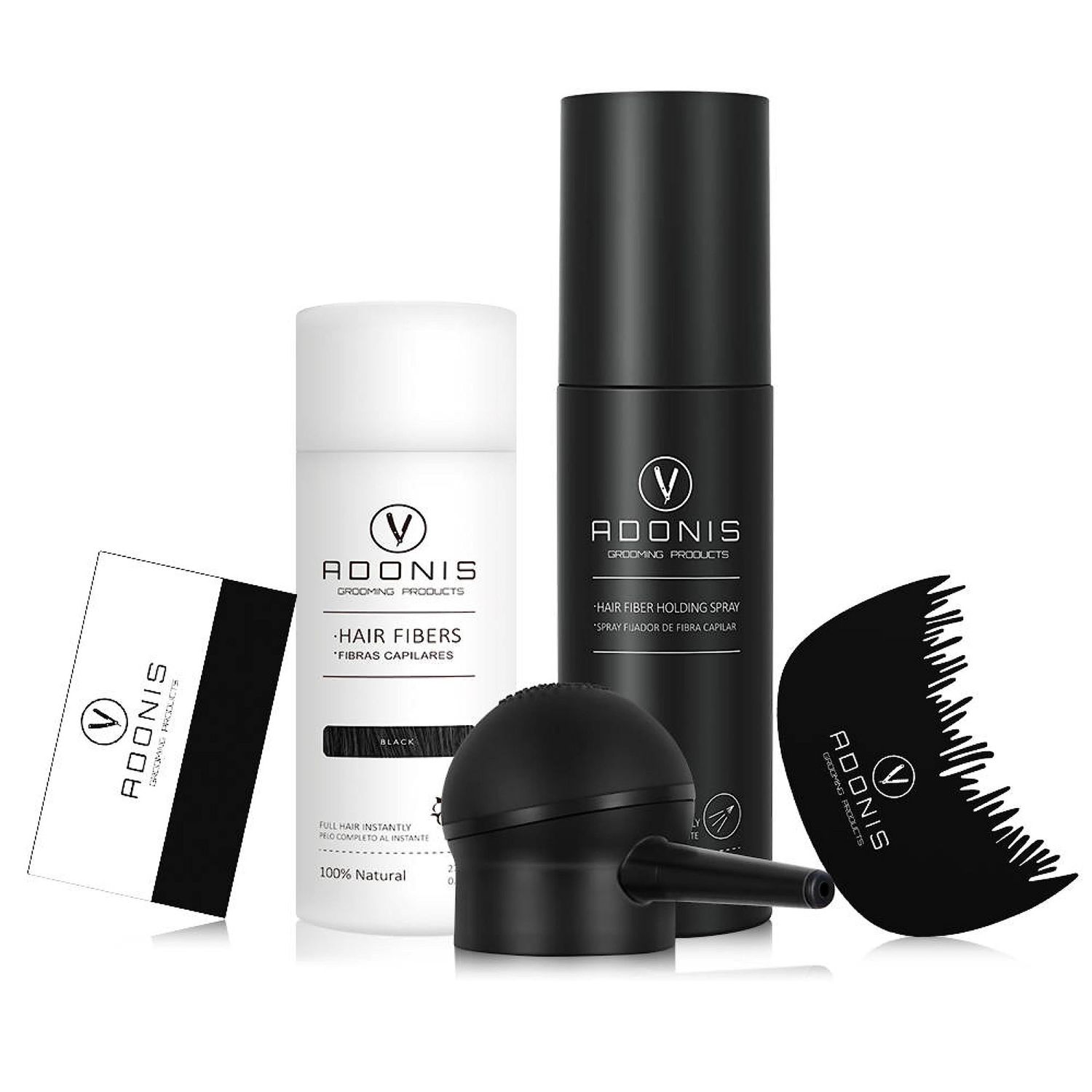 COMPLETE SET 5-in-1 ADONIS Hair Fiber Kit - All Natural Keratin Hair Fibers (Black), Hair Fiber Holding Spray, Hairline Spray, Hair Fiber Spray, Hair Fiber Applicator, Hair Fibers For Thinning Hair.