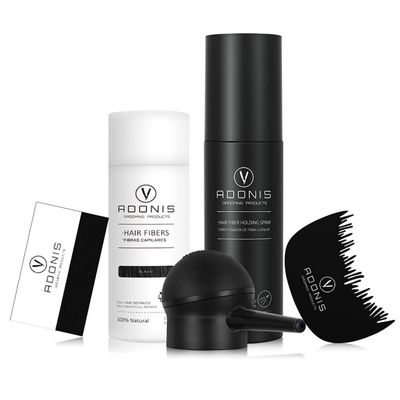 COMPLETE SET 5-in-1 ADONIS Hair Fiber Kit - All Natural Keratin Hair Fibers (Black), Hair Fiber Holding Spray, Hairline Spray, Hair Fiber Spray, Hair Fiber Applicator, Hair Fibers For Thinning Hair.