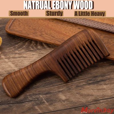 Moreinday Wooden Comb for Hair Growth, Medium Wide Tooth Comb for Women with Handle - Ebony Wood