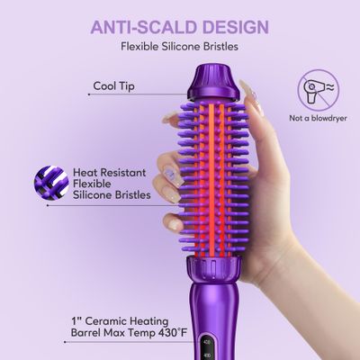 Thermal Brush 1 Inch for Short Hair, Anti-Scald No Falling Off Flexible Silicone Bristles Heated Round Brush, Ceramic Tourmaline Styling Brush, 5 Temperatures Curling Brush, Dual Voltage
