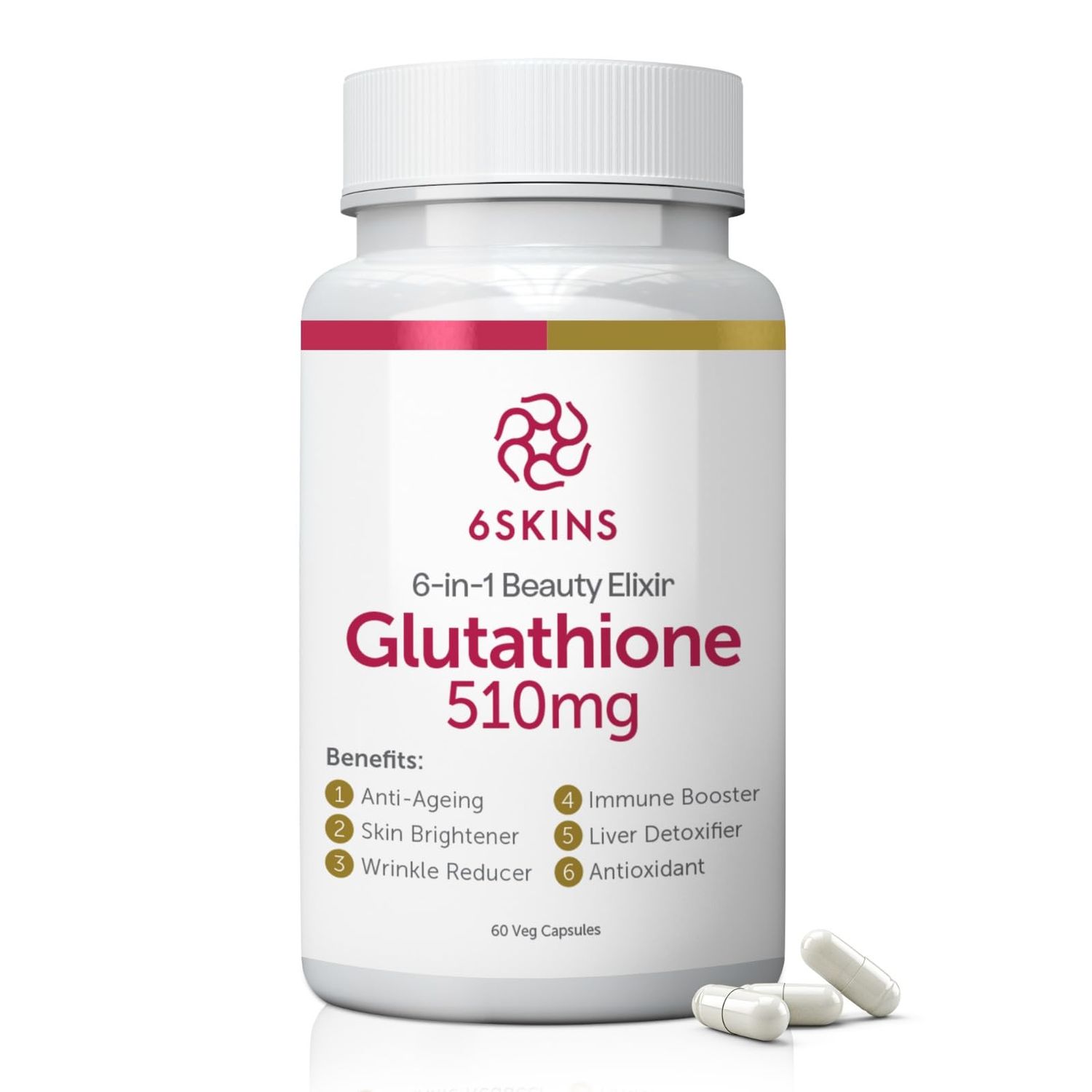 6SKINS 6in1 Beauty Elixir with Liposomal Glutathione 510mg Glutathione Supplement 4X Better Absorption - Immune Support, Liver Detox, Powerful Antioxidant for Healthier Skin - 60 Capsules