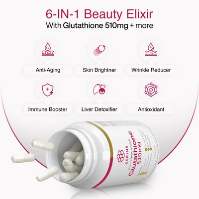 6SKINS 6in1 Beauty Elixir with Liposomal Glutathione 510mg Glutathione Supplement 4X Better Absorption - Immune Support, Liver Detox, Powerful Antioxidant for Healthier Skin - 60 Capsules