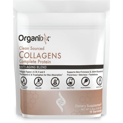Organixx Collagen Peptides Powder with Vitamin C, Types I, II, III, V, X Hydrolyzed Collagen, Hair, Nail, Skin, Bone Joint Health, Aging Support, Clean Sourced, Gluten Free, Unflavored, 15 Servings