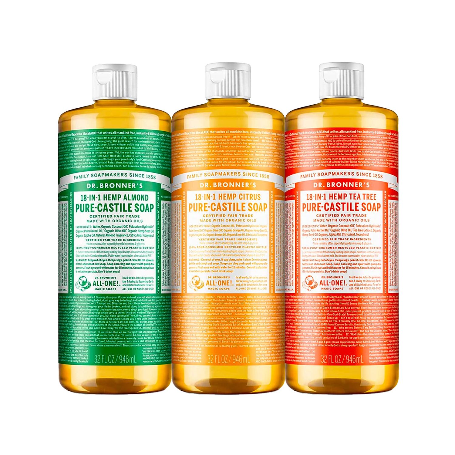 Dr. Bronner&#39;s Pure-Castile Magic Liquid Soap - Made with Organic Oils 32 oz (3-Pack) Almond, Citrus, Tea Tree, Body Wash, Face Soap, Dish Soap, Laundry, Pet Wash, Multi-Purpose Natural Soap