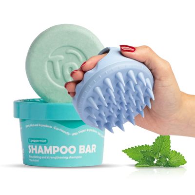 Tree Bottle Hair Care Bundle - Peppermint Essential Oils Shampoo Bar Sustainable Scalp Massager - Gentle Cleanse, Frizz Control, Exfoliation, and Circulation Boost for All Hair Types