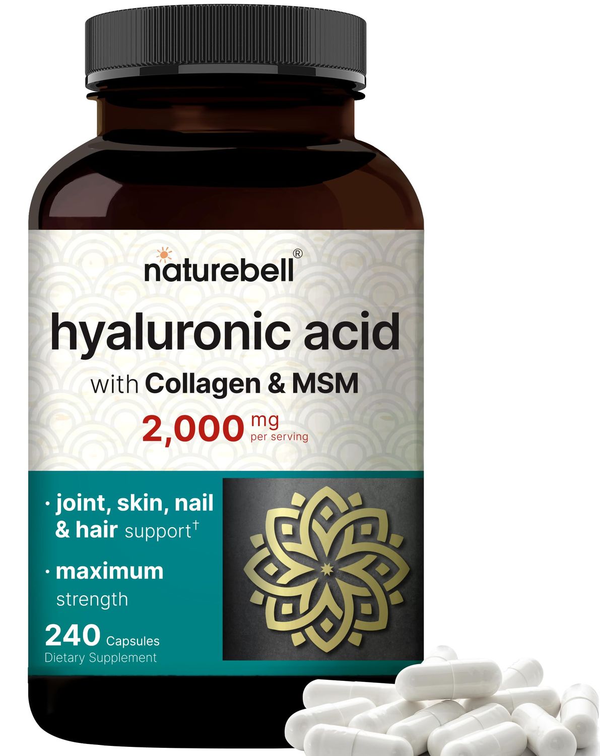 NatureBell Hyaluronic Acid Supplements 2,000 mg 240 Capsules, with MSM Hydrolyzed Bovine Collagen - 3 in 1 Support for Skin Hydration, Joint Lubrication, Hair, and Eye Health
