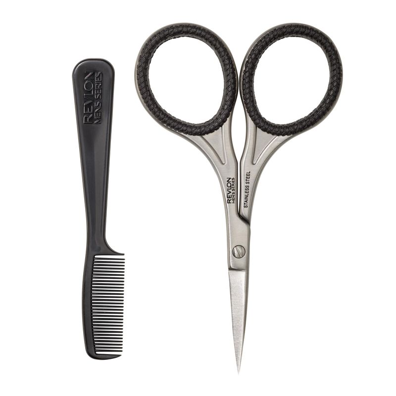 Revlon Men's Beard Grooming Kit, Mustache Trimming Scissors and Facial Hair Comb, Travel Essentials, Stainless Steel Blade, 1 Pack