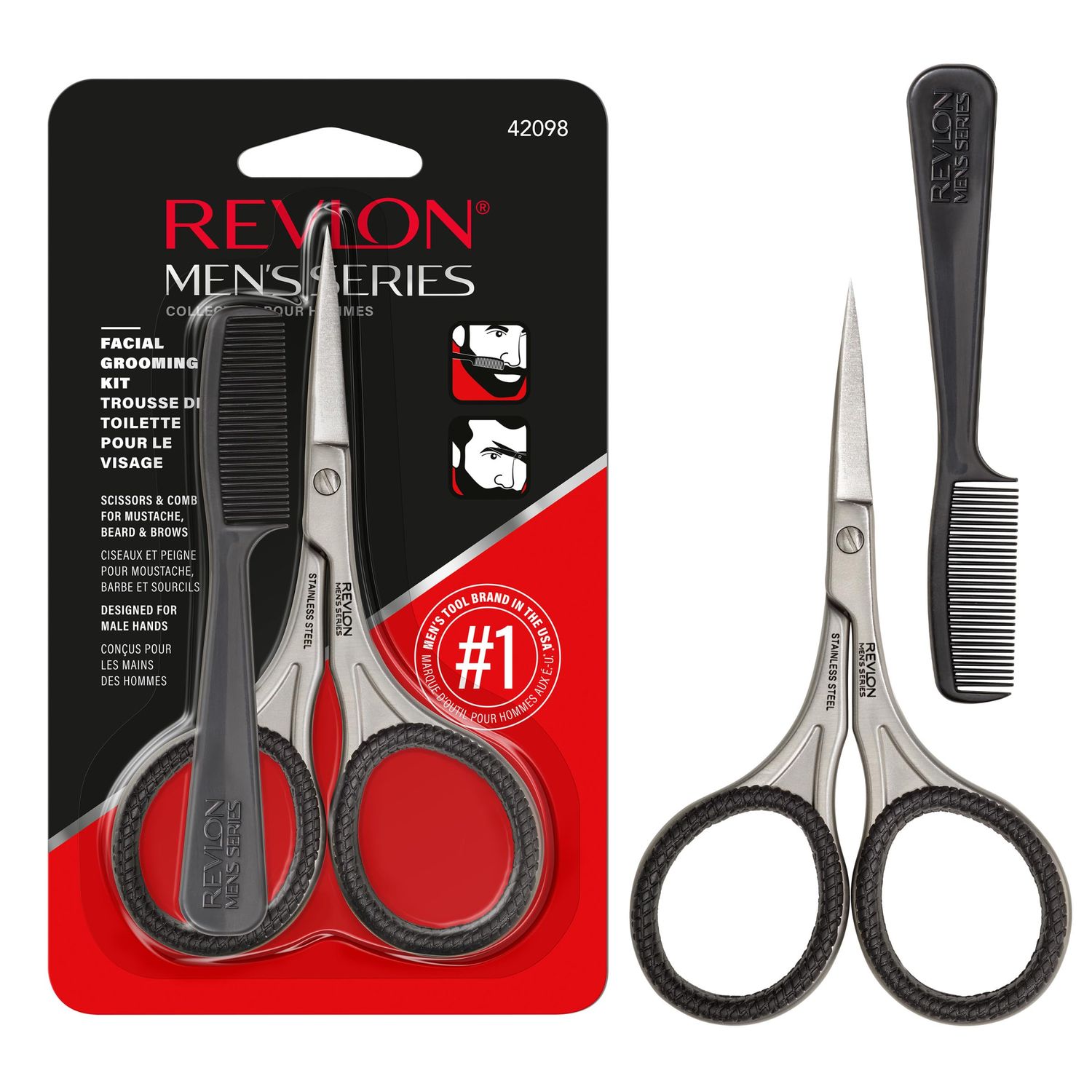 Revlon Men&#39;s Beard Grooming Kit, Mustache Trimming Scissors and Facial Hair Comb, Travel Essentials, Stainless Steel Blade, 1 Pack