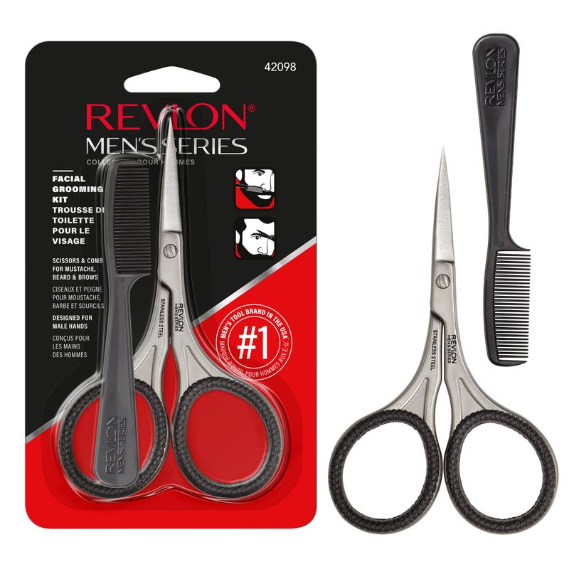 Revlon Men's Beard Grooming Kit, Mustache Trimming Scissors and Facial Hair Comb, Travel Essentials, Stainless Steel Blade, 1 Pack