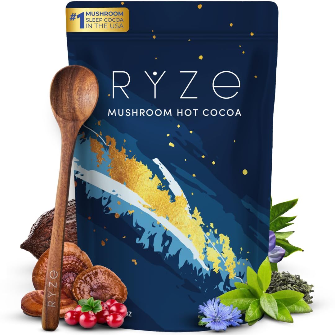 RYZE Mushroom Hot Cocoa Melatonin Sleep Supplement, Keto Cocoa Powder With Reishi Mushroom For Sleep, Melatonin, Glycine, Cacao, L-Theanine, Chicory to Help Fall Asleep and Stay Asleep, 20 servings