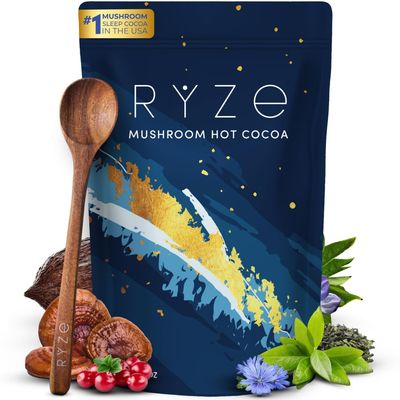 RYZE Mushroom Hot Cocoa Melatonin Sleep Supplement, Keto Cocoa Powder With Reishi Mushroom For Sleep, Melatonin, Glycine, Cacao, L-Theanine, Chicory to Help Fall Asleep and Stay Asleep, 20 servings