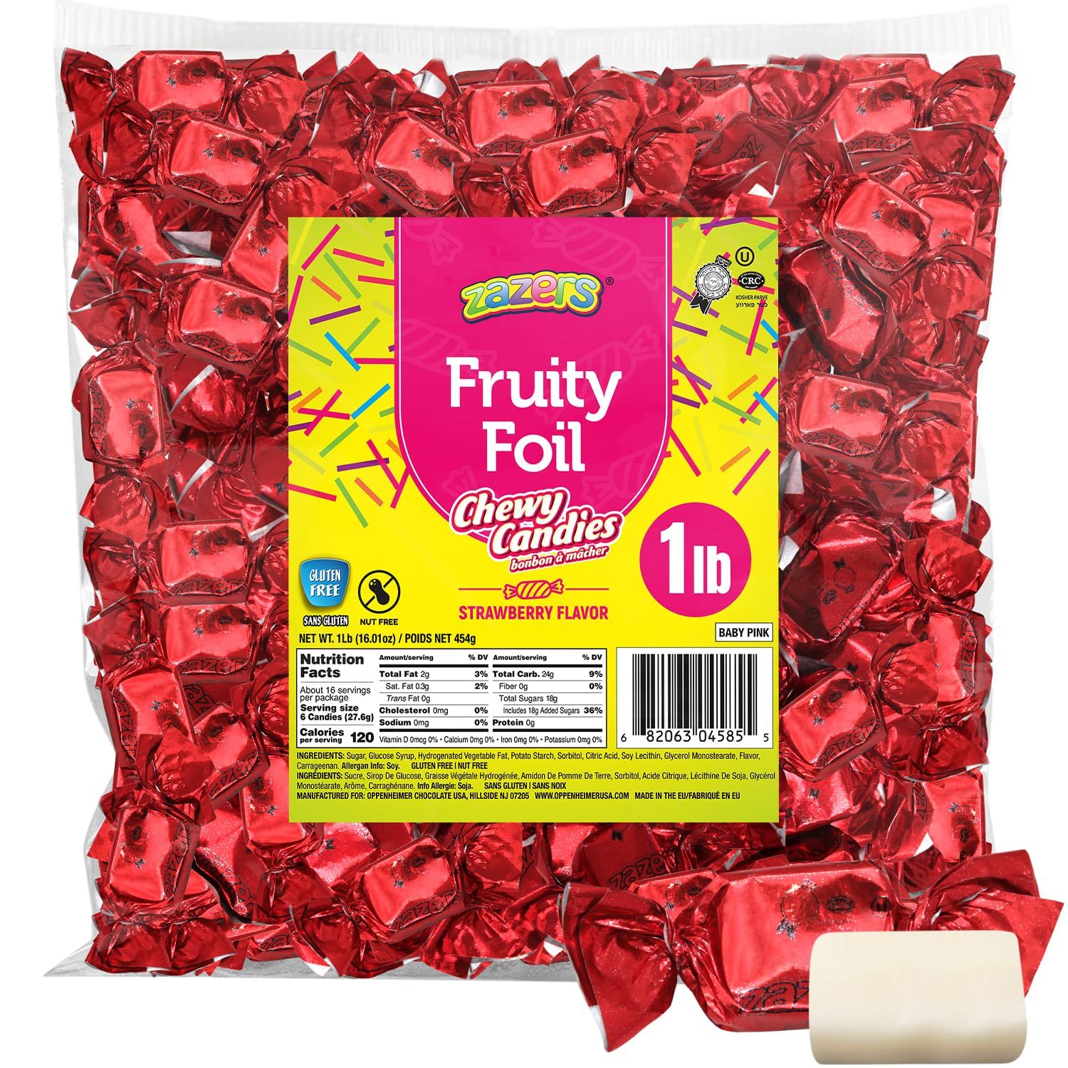 Zazers Red Strawberry Chewy Taffy Candy - 1-Pound Bag of Zazers Fruity Foil Chewy Candy - Strawberry Flavor, Individually Wrapped, Kosher (NET WT 454g)