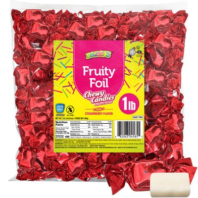 Zazers Red Strawberry Chewy Taffy Candy - 1-Pound Bag of Zazers Fruity Foil Chewy Candy - Strawberry Flavor, Individually Wrapped, Kosher (NET WT 454g)
