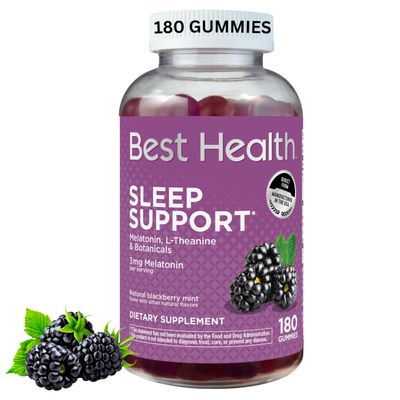 Best Health Melatonin Gummies, 3mg Melatonin per Serving for Sleep Support, with L-Theanine Botanicals, Natural BlackBerry Mint Flavor (180ct)