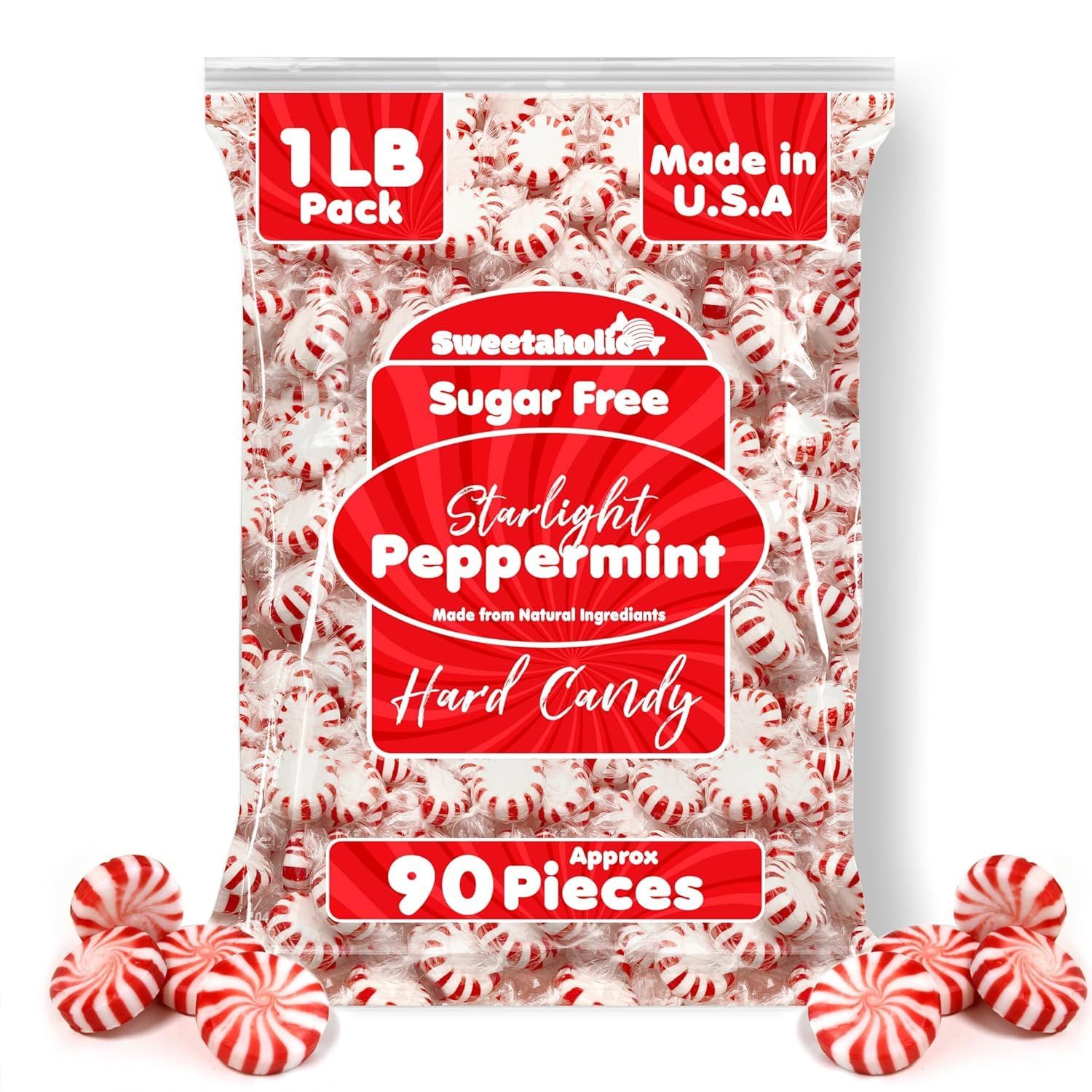 Sweetaholic Sugar Free Starlight Peppermint Candy 1 Pound (90 Pcs Approx) MADE IN USA Individually Wrapped Bulk Hard Candy Kosher, Low Calories Best for Parties