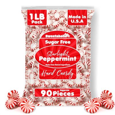 Sweetaholic Sugar Free Starlight Peppermint Candy 1 Pound (90 Pcs Approx) MADE IN USA Individually Wrapped Bulk Hard Candy Kosher, Low Calories Best for Parties