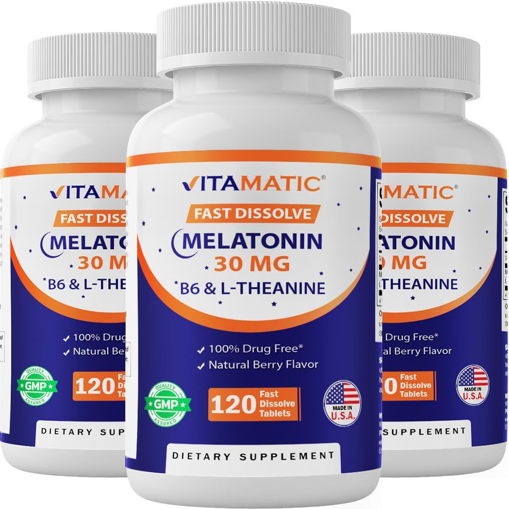 Vitamatic Melatonin 30 mg - with B6 L-Theanine - 120 Fast Dissolve Tablets with Natural Berry Flavor (2 Tablets Dose Melatonin 60 mg) (120 Count (Pack of 3))
