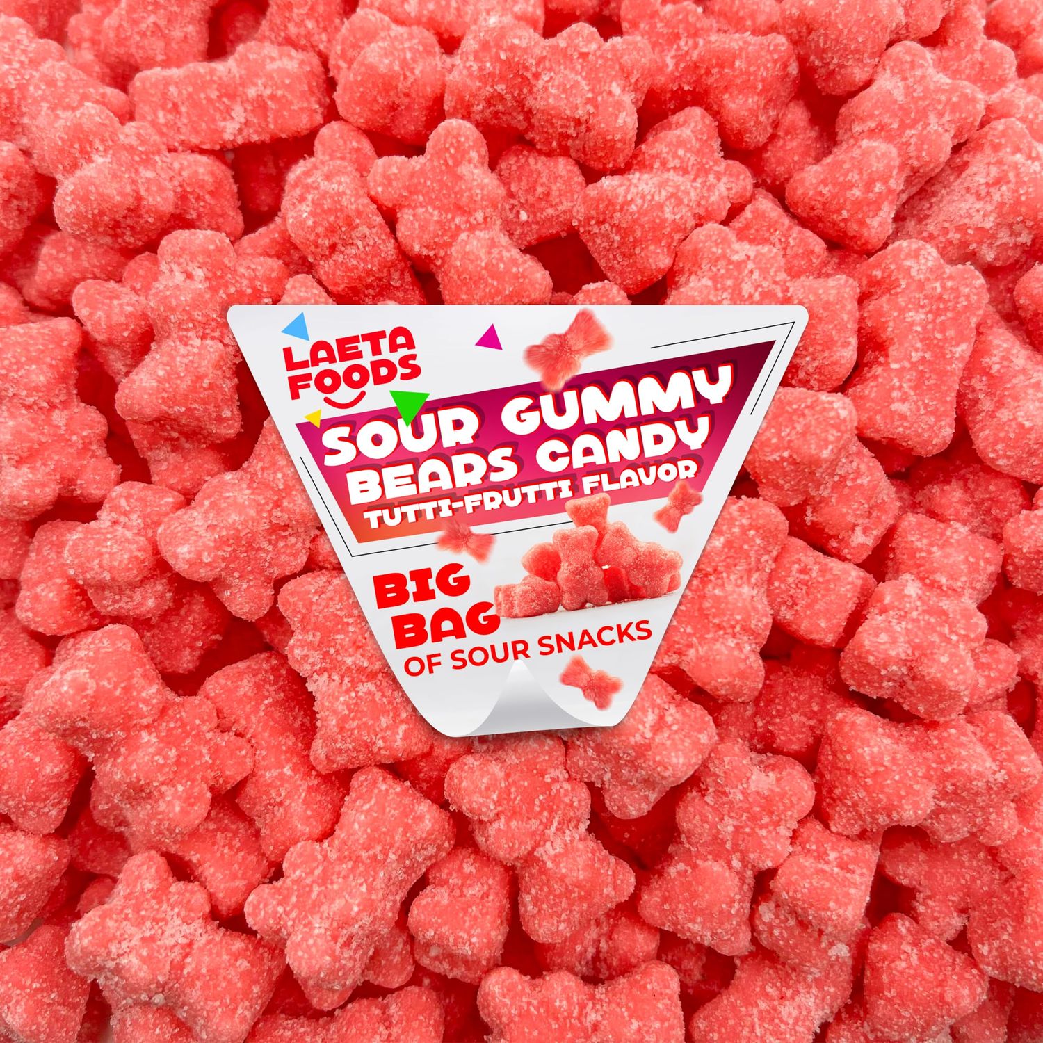 Sour Gummy Bears Candy 1 Pound Bag Tutti-Frutti Flavor Pink Sugar-Coated Teddies