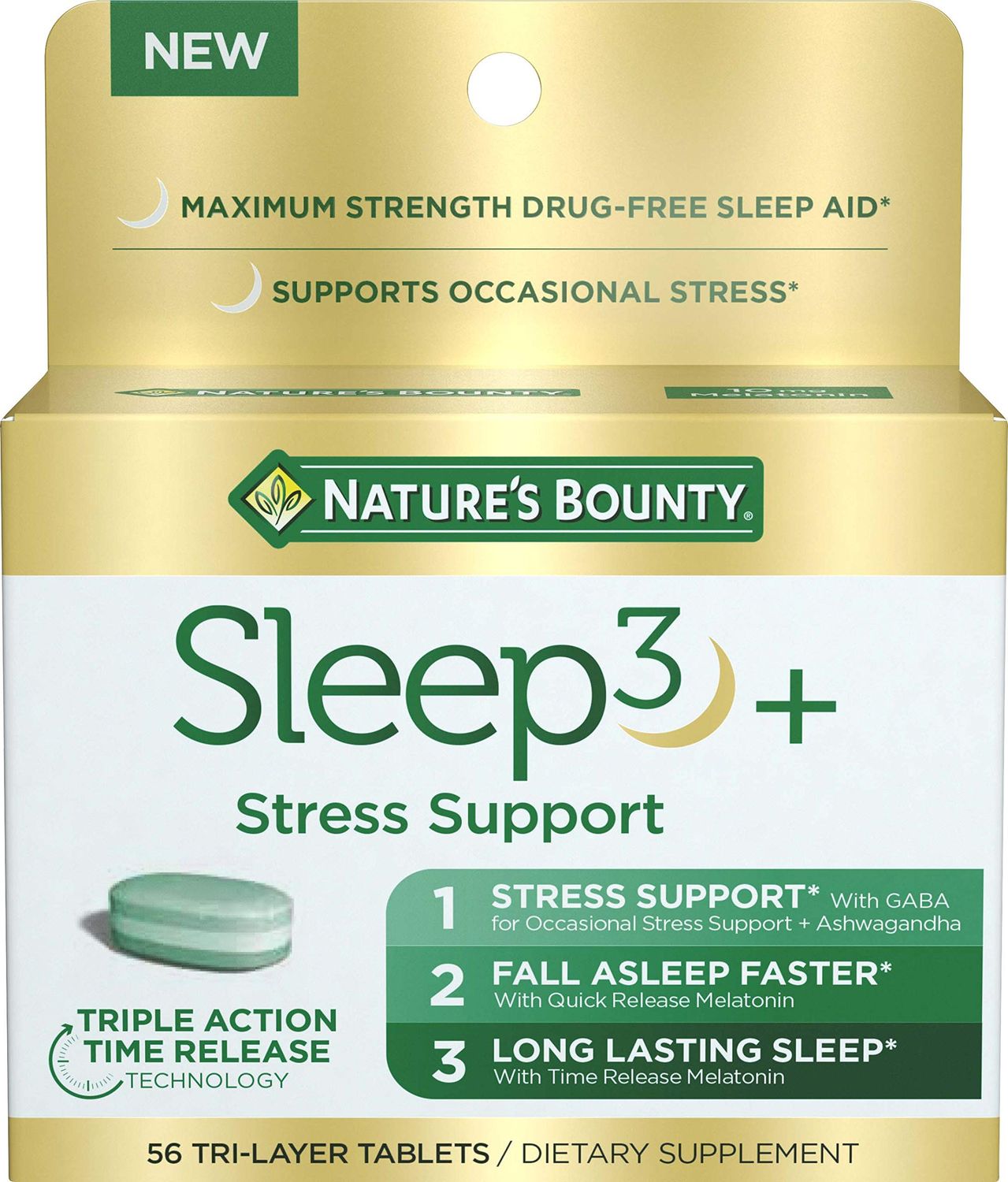 Nature&#39;s Bounty Stress Support Melatonin by Sleep3, 10mg, Tri-Layered Tablets, 56 Count
