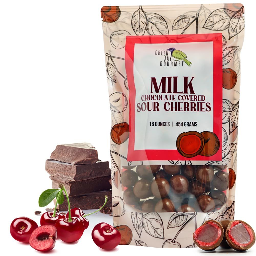 Green Jay Gourmet Chocolate Sour Cherries - Sour Candy Coated Michigan Cherries Dipped in Fresh Milk Chocolate - Handmade Candy - Unique Great Gift for Chocolate Lovers - 16 Ounce Resealable Bag