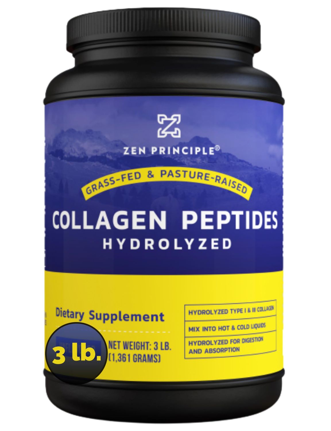 Zen Principle Grass-Fed Collagen Peptides 3 lb. Custom Anti-Aging Hydrolyzed Protein Powder for Healthy Hair, Skin, Joints Nails. Paleo and Keto Friendly, GMO and Gluten Free, Pasture-Raised Bovine.