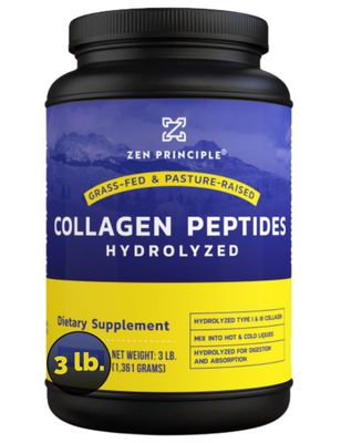 Zen Principle Grass-Fed Collagen Peptides 3 lb. Custom Anti-Aging Hydrolyzed Protein Powder for Healthy Hair, Skin, Joints Nails. Paleo and Keto Friendly, GMO and Gluten Free, Pasture-Raised Bovine.