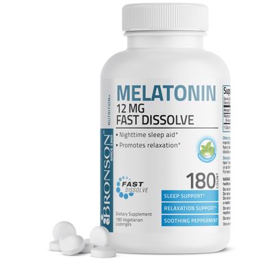 Bronson Melatonin 12mg Fast Dissolve Nighttime Sleep Aid Support Relaxation Support, 180 Peppermint Vegetarian Lozenges