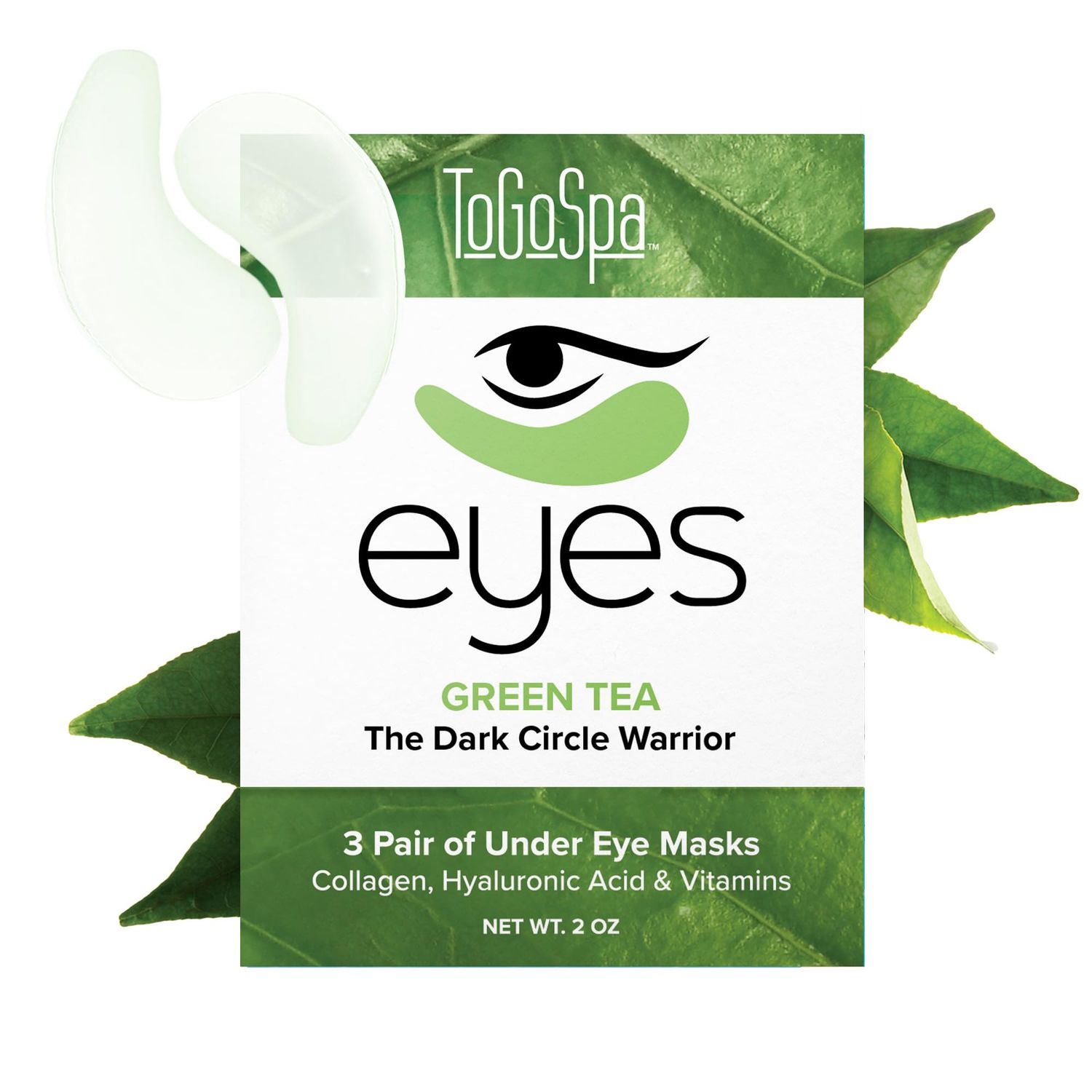 ToGoSpa Green Tea EYES, Dark Circle Warrior Premium Clean Anti-Aging Gel Pads with Collagen, Hyaluronic Acid, Aloe Vera, Vitamins C E, Taurine, and Green Tea Extract - 3 Pack