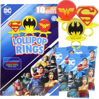 Imaginings 3 Justice League Candy Batman, Superman, and Wonder Woman Lollipop Rings, DC Decorated Suckers, Individually Wrapped for Birthday Party Favors, 18 Count