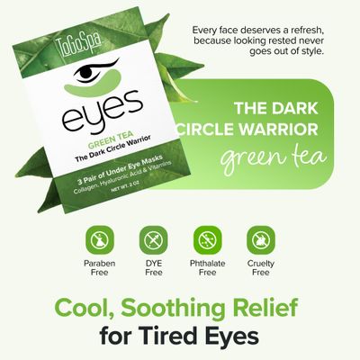ToGoSpa Green Tea EYES, Dark Circle Warrior Premium Clean Anti-Aging Gel Pads with Collagen, Hyaluronic Acid, Aloe Vera, Vitamins C E, Taurine, and Green Tea Extract - 3 Pack
