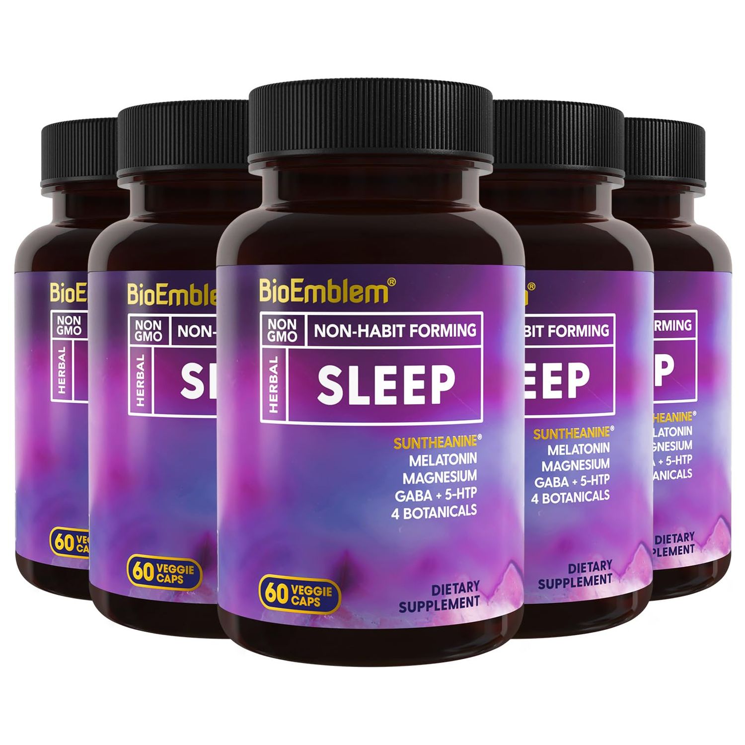 BioEmblem Natural Sleep Aid for Adults with Melatonin, Valerian Root, Suntheanine More Healthy Sleep Supplement Herbal Sleeping Pills 60 Capsules, 5 Pack