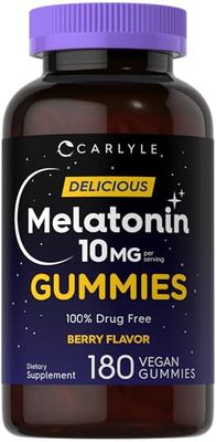 Carlyle Melatonin Gummies 10mg 180 Count Adult Drug Free Aid Berry Flavor Vegan, Non-GMO, Gluten Free Supplement