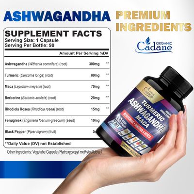 Organic Cadane Ashwagandha Supplements - Memory, Immune System Strength Support - 7in1 Concentrated with Turmeric, Maca Root, Berberine More - 90 Vegan Capsules for 3-Month Supply