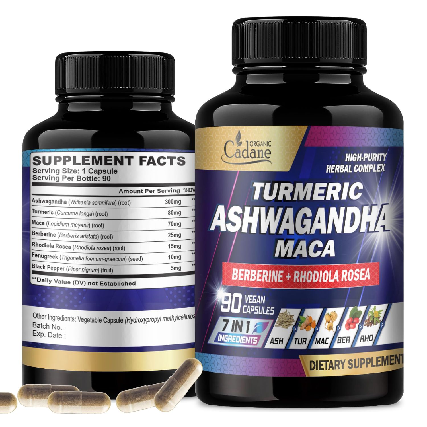 Organic Cadane Ashwagandha Supplements - Memory, Immune System Strength Support - 7in1 Concentrated with Turmeric, Maca Root, Berberine More - 90 Vegan Capsules for 3-Month Supply