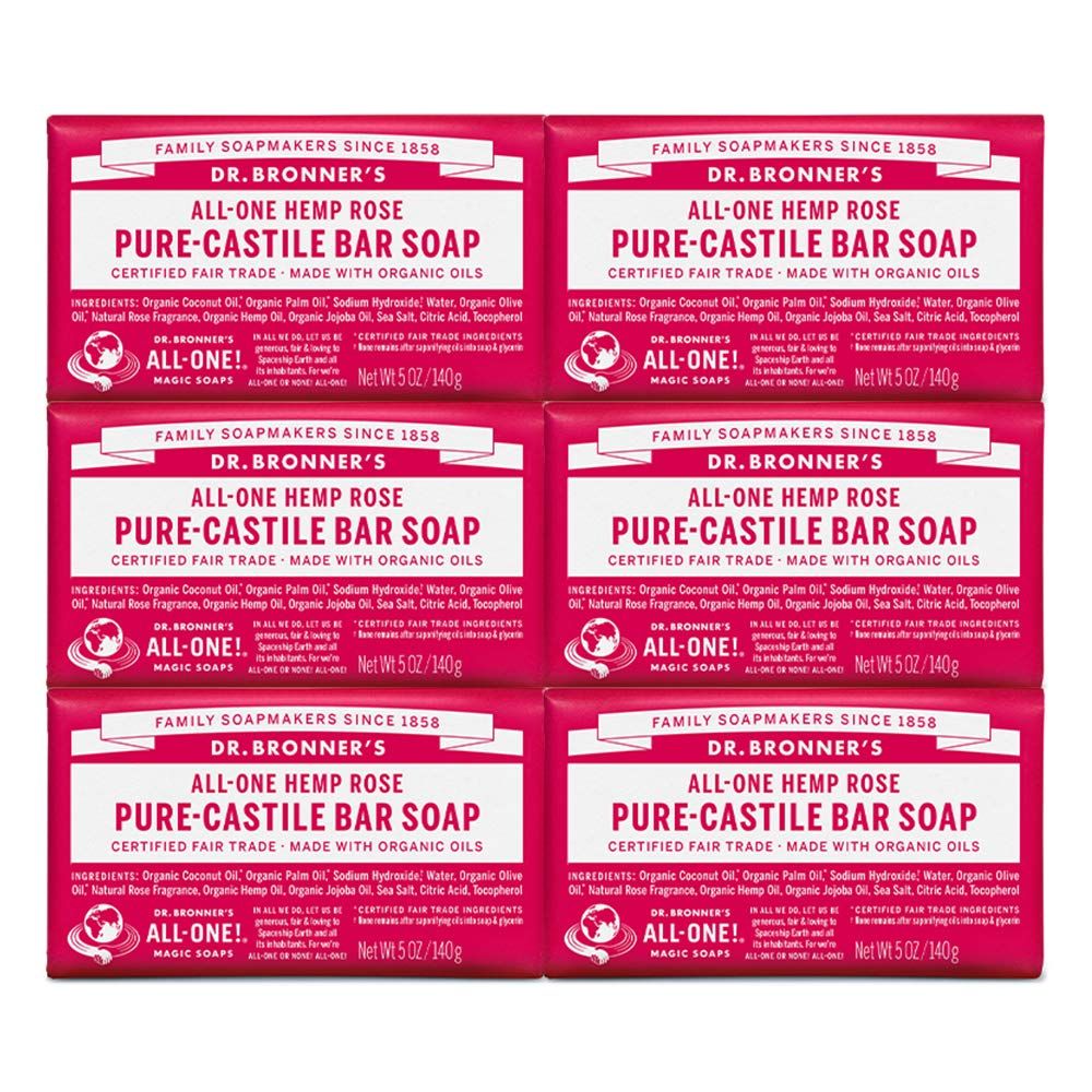 Dr. Bronner&#39;s - Pure-Castile Bar Soap (Rose, 5 ounce, 6-Pack) - Made with Organic Oils, For Face, Body and Hair, Gentle and Moisturizing, Biodegradable, Vegan, Cruelty-free, Non-GMO