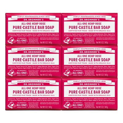 Dr. Bronner&#39;s - Pure-Castile Bar Soap (Rose, 5 ounce, 6-Pack) - Made with Organic Oils, For Face, Body and Hair, Gentle and Moisturizing, Biodegradable, Vegan, Cruelty-free, Non-GMO