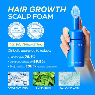 Seapuri Scalpy Bubble Hair Growth Tonic Anti-Dandruff Treatment for Hair Loss Thinning Salicylic Acid, Menthol, Dexpanthenol Non-Greasy, Lightweight Scalp Massager (3.38 Fl Oz)